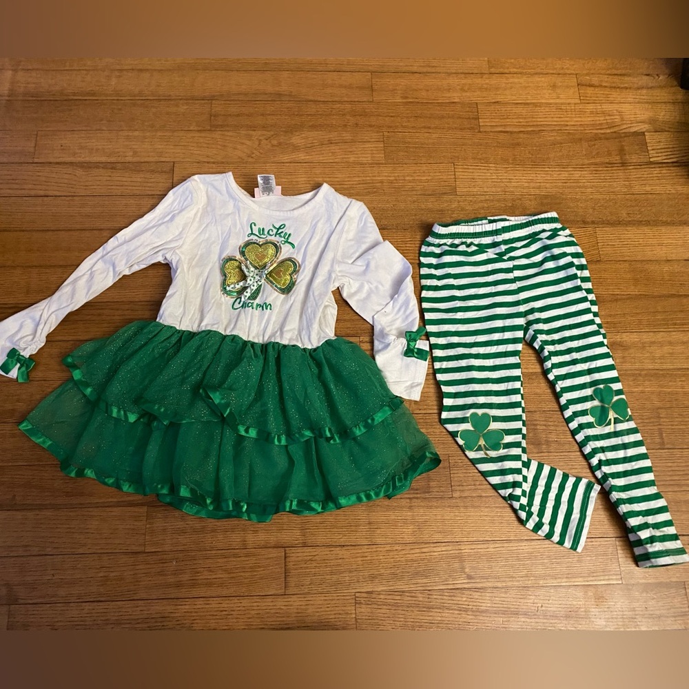Girls Lucky Charm Kids shirt tutu pants Set 6/6x - St Patrick’s day green sequin